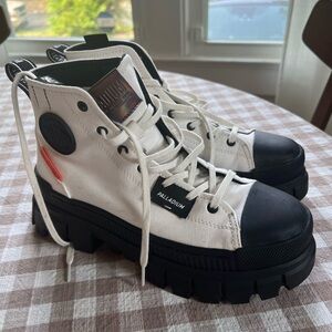 Palladium White Canvas High-Top Sneakers with Black Lug Sole